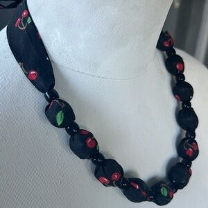 VTG Cherry Printed Fabric Covered Bead Necklace